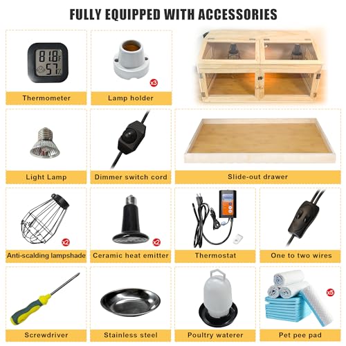 Intelligent Chicken Brooder Box for Chick with Digital Thermostat, 32" Wide Large Wooden Chick Brooder Box with Heating Lamps, Sliding Drawers & Door Handle for Hamster Chicks Duck Indoor Outdoor