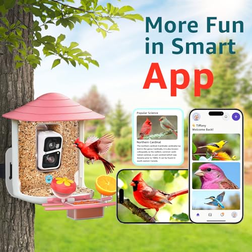 birdsnap® TUC Bird Feeder with Camera Solar Powered 2K Video with 32GB Card | AI Bird Species Identification, Squirrel-Proof, IP65 Waterproof, Outdoor Wireless, 2.4G WiFi, Gift for Mom Dad Bird Lovers - color: Pink