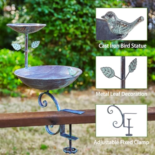 Bird Bath Feeder for Deck Railing and Balcony 2 in 1 Blue | Deck Mounted Birdfeeders for Outdoors with Heavy Duty Clamp, Unique for Outside, Suitable for Garden Porch Backyard - color: Blue