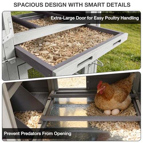 75" Large Chicken Coop with Run, Mobile Wooden Poultry Cage on Wheels, Sectionable Nesting Box, Weatherproof Roof, Easy Cleaning Tray for 3-6 Chickens, Easy Assembly - color: Grey (AIR31)