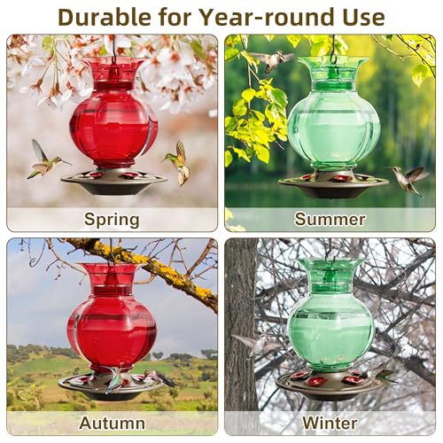 Auslar Glass Hummingbird Feeders for Outdoors Hanging, Red, 23 Oz | Hummingbird Feeder with Ant Moat & 5 Anti-Bee Feeding Ports, Ant and Bee Proof, Leakproof, Easy Clean and Fill, Garden Decor