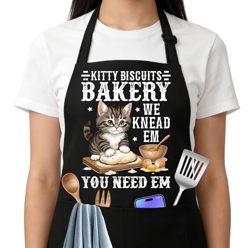 Kitty Biscuits Bakery Sourdough Baking Apron for Women with Large Pockets - Funny Baking Aprons, Adjustable Kitchen Apron for Bread Making, Grilling - Unique Sourdough Gifts for Bakers & Moms - C13 - color: Kitty Biscuits Bakery