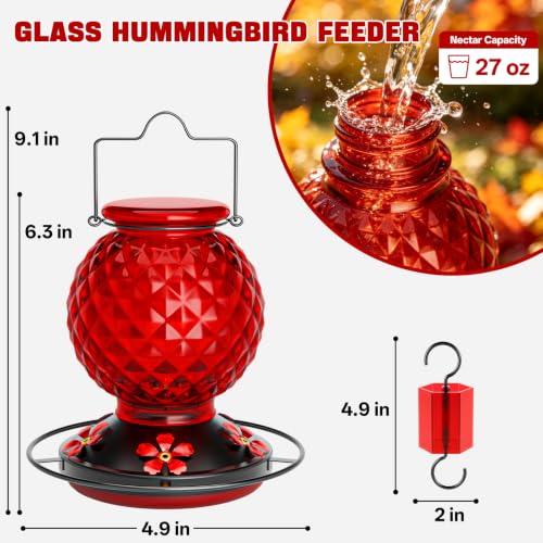 Glass Hummingbird feeders for Outdoors, 5 Feeding Ports Hummingbird Feeder, Wide Mouth for Easy Filling andCleaning, Hanging for Garden Backyard Decor, Includes Ant Moat (Red 1 Pack) - size: PACK 1