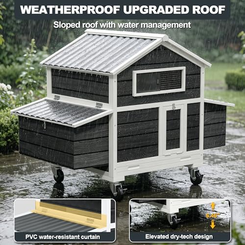 Large Chicken Coop with Wheels, Waterproof Outdoor Hen House for 6-8 Chickens, Movable Chicken House with Two Nesting Box, Removable Tray, PVC Cover, Wooden Duck Coop Rabbit Hutch(Black) - size: 61.0"L x 33.0"W x 58.0"H