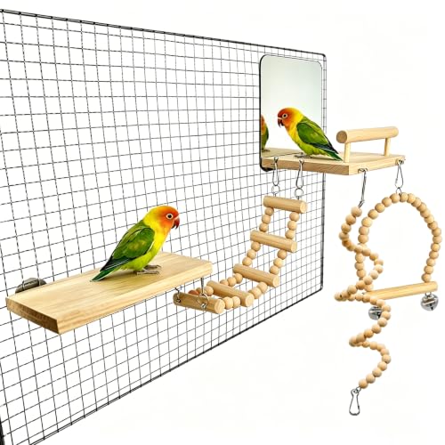 Bird Perch Platform with Mirror, Wooden Climbing Ladder(with Mirror) | Swing Toys with Hanging Chewing Balls,Parrot Cage Accessories - color: Mirro