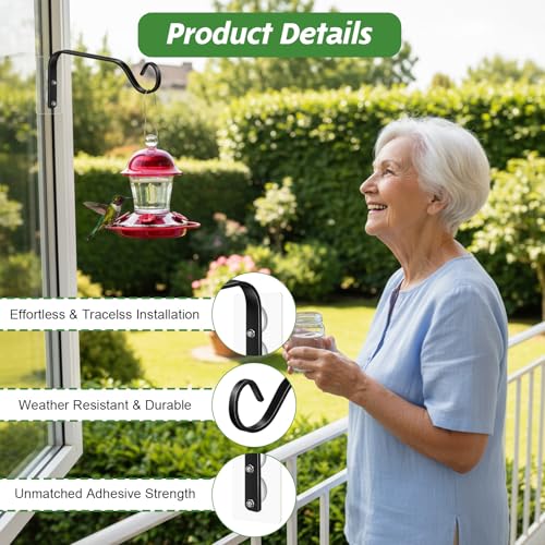 4 Pack Window Bird Feeder Hanger Hook - Strong 7LB Load-Bearing Hooks with Traceless Adhesive for Bird Feeders, Wind Chimes, Plants - Black