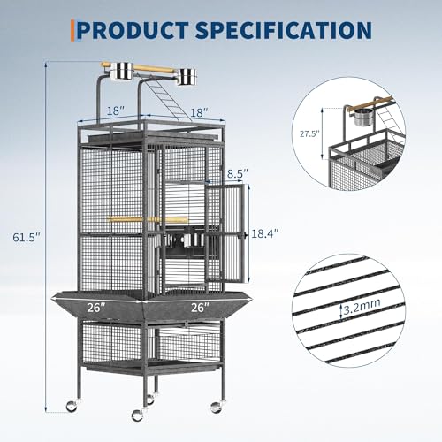 Garvee 61in Large Bird Cage, Metal Bird Cage with Bird Playground, Rolling Parrot Cage with Feeding Accessories, Large Parakeet cage for Parrots, Parakeets, Conures, Parrot, Black