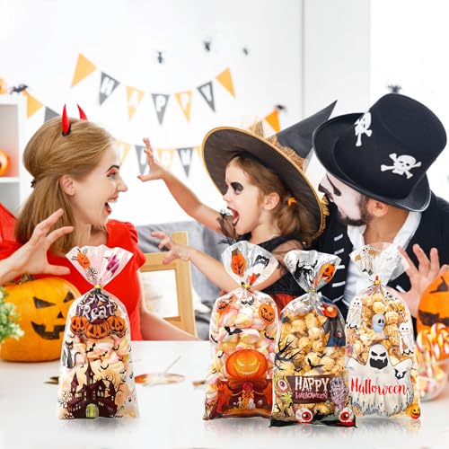 Soarvita Halloween Treat Bags – 50pcs Clear Goodie Bags with 60pcs Twist Ties for Candy Cookies and Gifts Packaing, Halloween Trick or Treat Party Favors Wrapping - color: Halloween-50pcs