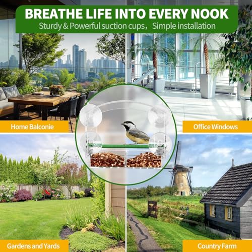Window Bird Feeder for Outdoors, Acrylic Bird Feeder with Strong Suction Cups, Perfect for Up-Close Viewing, Removable Seed Tray with Drain Holes to Keep Nuts Fresh & Dry, Clear