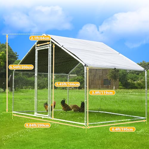 Large Metal Chicken Coops 6.4Lx9.84Wx6.6H FT for 8/10/16 Chickens with Run, Walk in Chicken Run Chicken Pen with Cover and Feeding Door, Spire Poultry Cage Hen House for Yard with Cover - size: 6.4'L x 9.84'W x 6.6'H