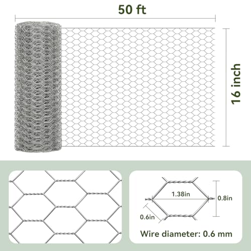 Amagabeli Chicken Wire Fencing 16in x 50ft Garden Netting Poultry Wire Hexagonal Galvanized Mesh Roll Fence Barrier for Raised Bed Cattle Panels for Plant Trellis Vegetable Dog Bird Pet Cage Craft - size: 1" 16"x50'