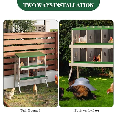 Galvanized Steel Chicken Nesting Box 6 Grids, Metal Egg Laying Boxes for Hens with Hinged Lid and Ventilated Design, Easy Clean Poultry Nest Box for Chicken Coop Accessories, Green, with Legs - color: Green, size: 6 Holes with Legs
