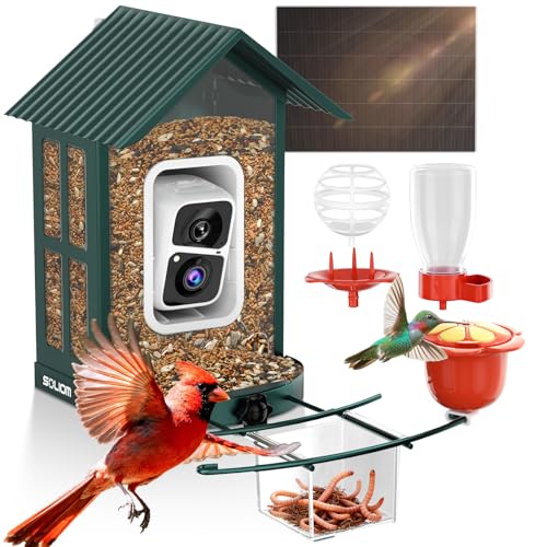 SOLIOM Bird Feeder with Camera, Solar Smart Bird Feeder Camera with AI Bird Identification, 2K HD Live View & Instant Alerts, Squirrel-Proof Metal Outdoor Bird Feeder, Bird Watching Gift Set (Green) - color: Green Medium Set