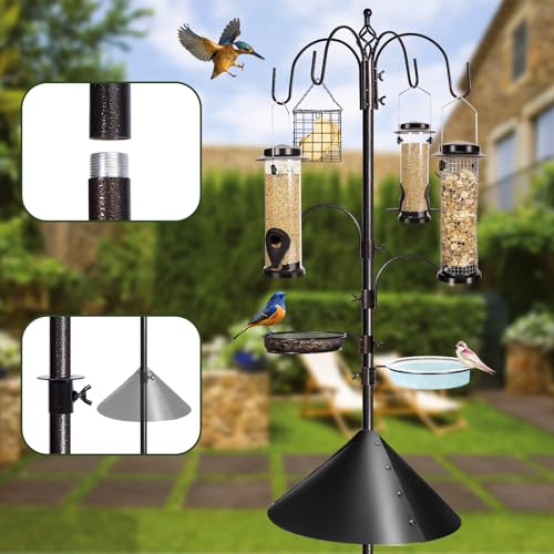 YINGYM 6-Hook Bird Feeding Station Kit with Squirrel Baffle, 94 Inch | Wild Bird Feeder Pole, Multi-Feeder Hanging Kit Stand with Bird Bath, Mesh Tray and Baffle Guard for Patio, Lawn & Garden - size: 94 Inches with Squirrel Baffle
