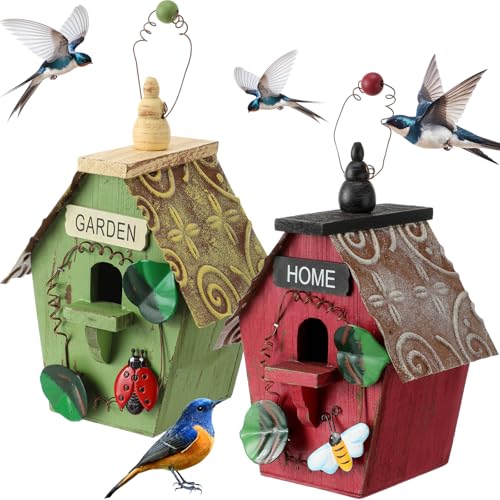DoubleFill 2 Pcs Birdhouses for Outdoor Hanging Yard Outside Wooden Birdhouse Hand Painted Bird Box for Bird Lovers Bluebird Tree Garden Decor Decorative Birdhouse(Red,Green,Iron Roof) - color: Red,Green, size: Iron Roof