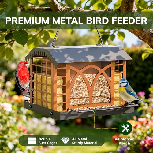Bird Feeders for Outdoors Hanging, Metal Bird Feeder with Double Suet Cage Weatherproof Metal Roof, 3.5Lbs Large Capacity Great for Attracting Finch Cardinal Chickadee Wild Birds, Pinecone Brown - color: Pinecone Brown