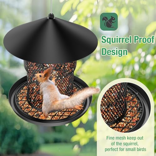 Bird Feeder for Outdoor Hanging, No Mess No Spill and Squirrel Proof Feeder | Squirrel Proof Bird Feeder with Catch Tray - Large Capacity All-Metal for Outside Hanging