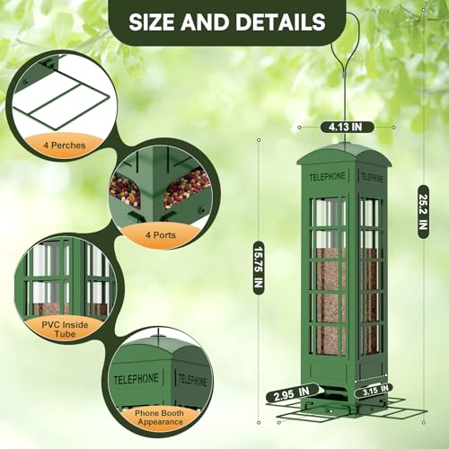 Bird Feeder Squirrel Proof with Weight Activated Perches,Metal Balcony Bird Feeders for Outdoor Hanging,Mesh Wild Birds Seed Feeder for Outside,Cardinal, Finch Blue Jay Woodpecker,3LB Capacity - color: Green