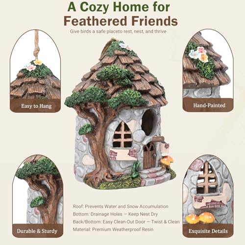 Yinns Resin Bird House for Outside, Decorative Wild Bird Houses for Garden | Birdhouses for outdoors wild bird nesting, decorative stone waterproof bird houses for backyard garden decor - color: A-Stone House