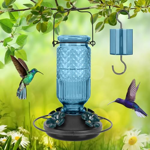 Glass Hummingbird Feeder for Outdoors Hanging, 16 oz Leak-Proof Nectar Feeder with Bee Guards & Ant Moat, 4 Metal Flower Feeding Ports, 360° Perch Ring, Easy Refill & Clean, Blue - color: Blue