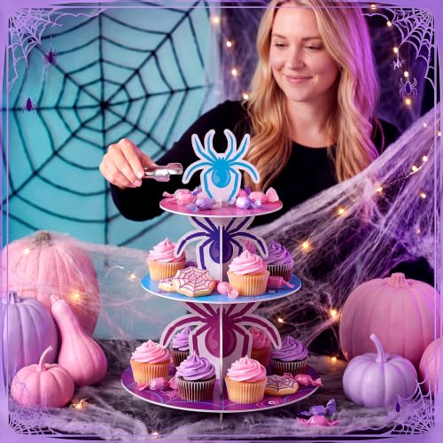 3 Tier Spider Cupcake Stand Decoration Pink Spider Cupcake Tower Purple Blue Spiderweb Table Decoration Hero Theme Dessert Holder Table Display for Hero Birthday Party Baby Shower Supplies - style: Fashional