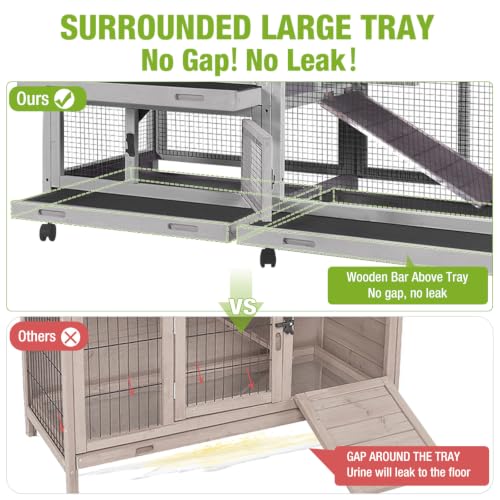 Rabbit Hutch with Wheels, Chew-Resistant Ramp & Leakproof Tray | Aluminum-reinforced ramp resists chewing; 3 removable trays pull out from front/back; 6 access doors for easy cleaning - color: Gray with Run