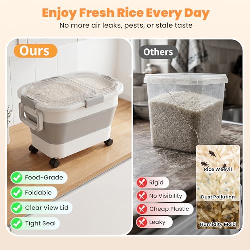 30 Lbs Rice Container, Collapsible Dog Food Storage Container | Airtight Cat Food Container with Wheels, Transparent Lid, Measuring Cup, Scoop and Handle, BPA Free for Pet Food, Bird Seed - size: 29lbs