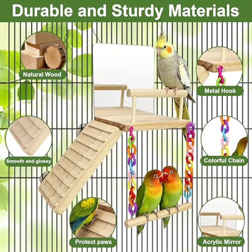 Bird Perches Platform Swing for Cage Bird Toys with Bird Mirror | Climbing Frame for Lovebirds, Budgies,Pacific Parrotlets,Chinchilla, Hamster Gym Exercise