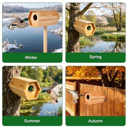 Mallard Nesting Box, Wood Duck House for Outdoor Hexagonal Large Duck House with Dual Entrances for Ponds, Wetlands, Backyards 19.7 X 10.2 X 10.2 Inches - color: Hexagonal Duck House, size: 19.7"H X 10.2"W X 10.2"D