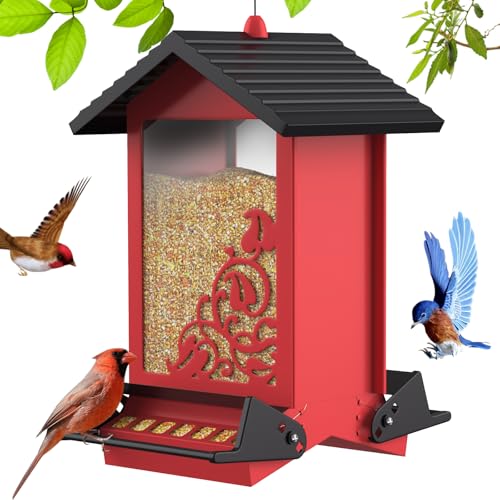 Squirrel Proof Bird Feeder for Outdoor Hanging,Metal Bird Seed Feeder with Bilateral Weight Activated Perches,5LB Large Capacity Wild Bird Feeders for Outside,Easy Refill and Clean,Red - color: Red