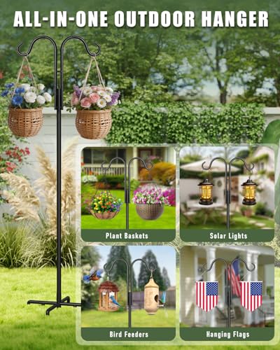 76 Inch Double Shepherds Hook for Outdoor, Heavy Duty with 5 Prong Base | Shepherd hook for bird feeders, Flower baskets, Lanterns, Nesting stations, Garden decor, Sturdy pole, Weather-resistant - size: 76IN 1PACK