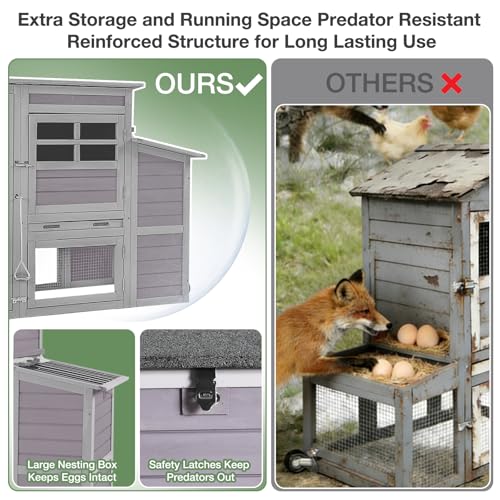 75" Large Chicken Coop with Run, Mobile Wooden Poultry Cage on Wheels, Sectionable Nesting Box, Weatherproof Roof, Easy Cleaning Tray for 3-6 Chickens, Easy Assembly - color: Grey (AIR31)