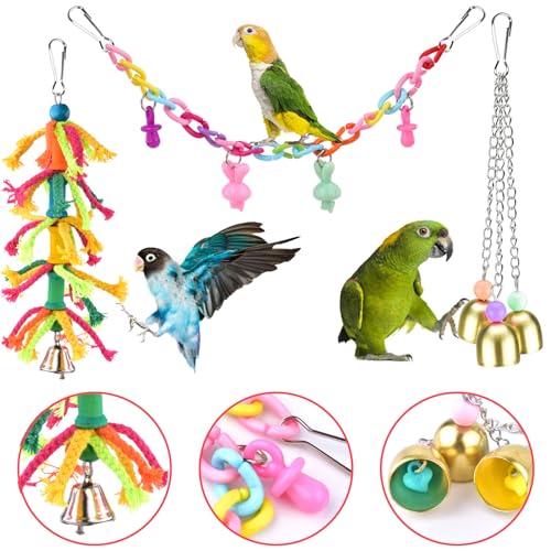 KATUMO Bird Toys, Parrot Swing Parakeet Ladder Conure Wood Perch Bird Chew Toys Cockatiel Hanging Bell Toys for Parakeet, Conure, Cockatiel, Mynah, Love Birds, Finch, Small Pet Birds - style: Colored ladder set (8 IN 1)