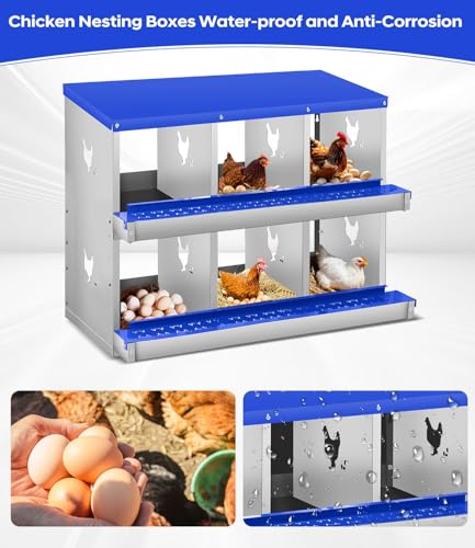 6 Compartment Chicken Nesting Box, Heavy Duty Metal Laying Box with Perch, Easy Assembly & Easy Clean for Outdoor Chicken Coop, Blue - color: Blue, size: 6 Compartment