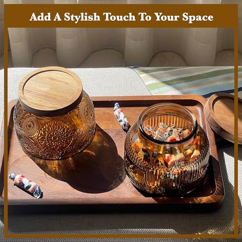 Decorative Amber Glass Jars with Airtight Wooden Lids 2 pack, 25.4 fl. oz | Wide mouth vintage storage canister, kitchen pantry bathroom organization, coffee sugar tea cookie candy candle vase gift - size: 25.4 Ounces, style: Amber 2pc