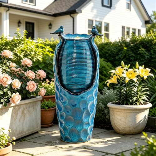 Autodaya 33" Vase Ceramic Outdoor Water Fountain with Lights and Birds | teal blue glazed water feature with textured design, ambient soothing cascading water flow for garden patio yard sanctuary - color: 33"h-birds Jar Turquoise Glaze