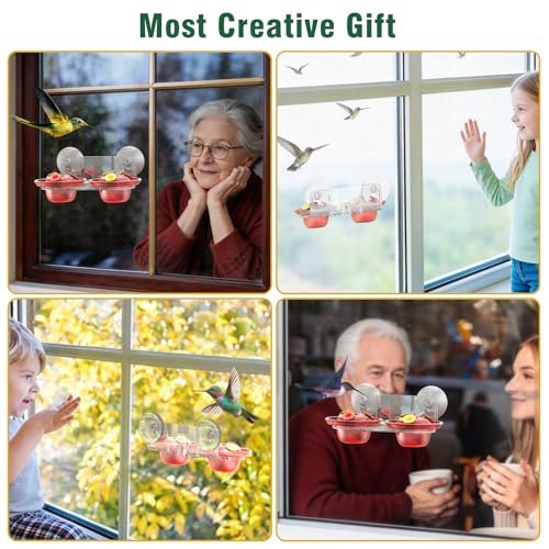 Window Hummingbird Feeder with Strong Suction Cups, 2 Pack 2.6 oz Small Hummingbird Feeder for Outside Window, Easy to Clean & Refill, Bee Resistant Feeding Ports for Bird Watching (Red)