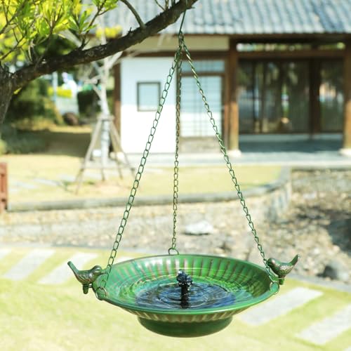13" Hanging Bird Bath with Solar Fountain,Metal Solar Bird Bath (Green) | Hanging Solar Bird Bath,Birdbath Bubbler ,Hanging Bird Bath for Outdoors Garden, Patio & Yard.