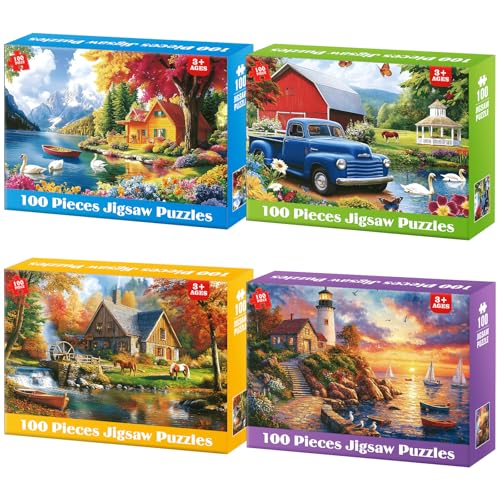 4 Pack 100 Piece Puzzles, Large Piece Jigsaw Puzzle for Kids Ages 5-8 | 4 Themed Landscape Puzzle Set Educational Toys for Girls Boys, Fun Learning Activity Puzzle Games for Children Ages 4-10 - style: Swan Lake Autumn Forest Cabin Lighthouse