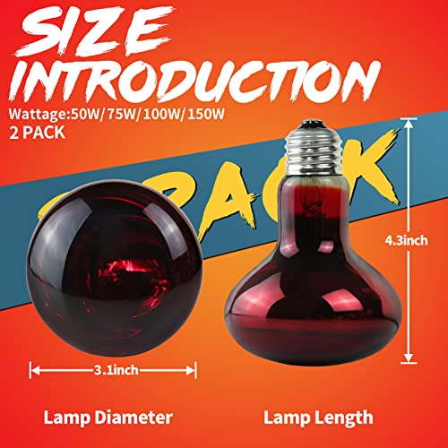 LUCKY HERP 75W Reptile Heat Lamp Bulbs 2 Pack, Reptiles & Amphibians Infrared Basking Spot Lamp, Heat Light Bulb for Turtle, Bearded Dragon, Lizard - color: Infrared Basking Light Bulb, size: 75 Watts