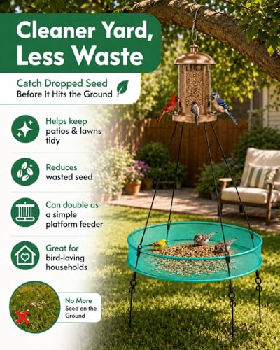 Bird Seed Catcher Tray for Outdoor Hanging Feeders, 21" Upgraded Anti-Flip Feeder Tray with 4" Deep Windproof Platform, Stable Design to Catch Dropped Seeds, Fits Most Bird Feeders(Green) - size: 21 Inch - 1 Pack