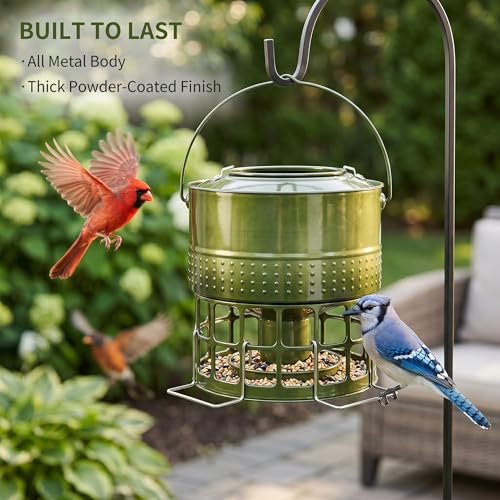 Solution4Patio 8-10LB Bird Feeder, Metal Wild Birdfeeder with 32 Access Holes & 2 Perches, Locking Top Helps Reduce Squirrel Stealing, Rust-Proof Hanging Design for Cardinals & Finches - color: Glazed Green