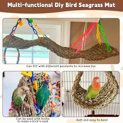 kathson 2 Pcs 29.5 x 7 Inches Large Bird Seagrass Mat, Bird Hammock for cage，Bird Seagrass Woven net，Climbing Rope Ladder with Hooks, Chew Toys for Pigeon Cockatiel Conure Budgie Cockatoo Rat Hamster