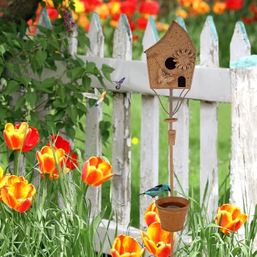 49" Bird Houses for Outside with Pole, Outdoor Metal Birdhouse with Tapered Bucket for Patio, Yard, Garden, Rust-Colored - style: Cottage(Rust-colored)