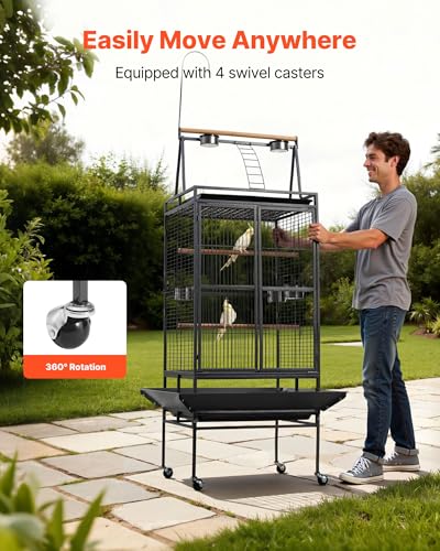 VEVOR Bird Cage, 32.7 x 31.1 x 82.7 inch, Open Flat Top, Wrought Iron Bird Flight Cage with Perches, Slide-Out Tray, Plastic Feeders, for Cockatiel, Monk Parakeet, Amazon Parrot, African Grey Parrot - size: 32.7"L x 31.1"W x 82.7"H