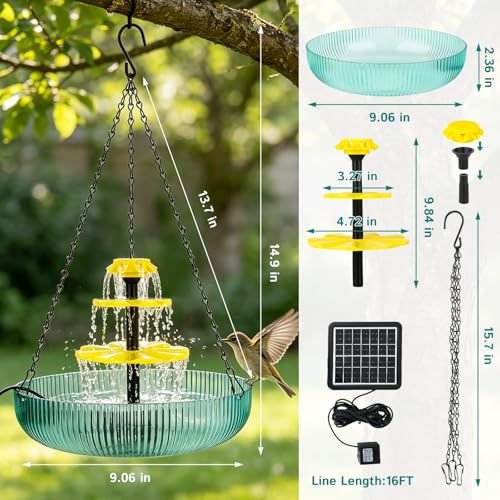 3-Tier Hanging Solar Bird Bath Fountain - Solar Powered Cascading Water Fountain with 16.4FT Extra Long Cord for Outdoor Garden Patio Yard Hummingbirds & Wild Birds Decoration