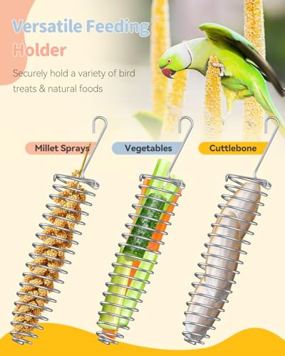 Pawfly Millet Spray Holder, Millet Holder for Bird Cage, Stainless Steel Bird Treat Holder, Bird Cage Food Holder for Parrots, Parakeet Foraging Feeder for Fruits, Veggies & Treats