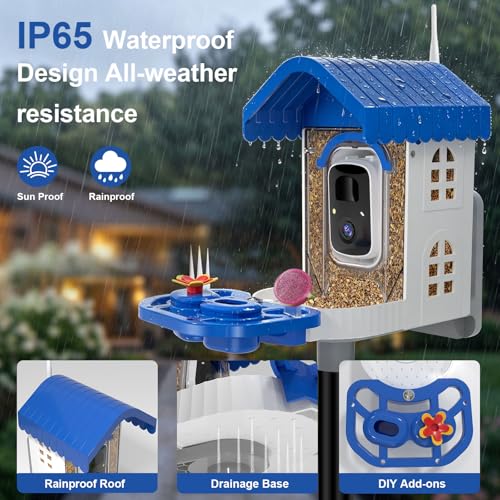 Smart Bird Feeder with Camera Solar Powered, AI Species Identification, 2K HD Video, Instant Arrival Alerts, Weatherproof Design for Outdoor, Best Gift for Bird Lovers(Blue) - color: Blue