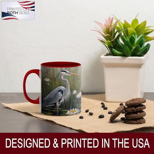 Great Blue Heron Art Coffee Mug, Wildlife Bird Lover Mug, Marsh Scene with Water Lilies & Reeds, Nature-Inspired Drinkware for Outdoor Enthusiasts, Ceramic Cup with Red Handle - Spring & Summer(Heron) - color: Blue Heron