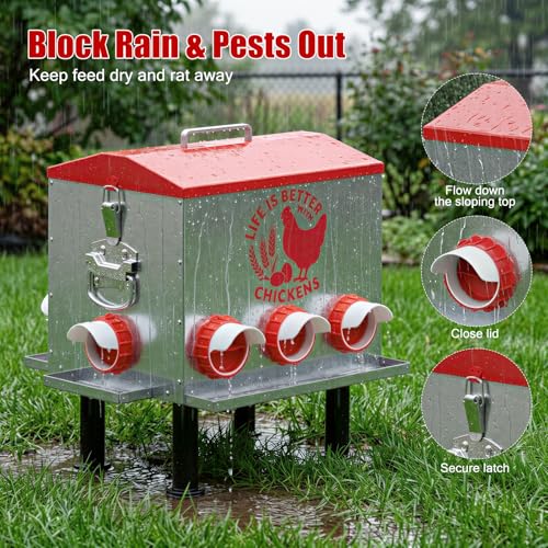 Pawaboo 55LBS Large Capacity Automatic Chicken Feeder | 2026 Upgraded No Waste Poultry Feeder, 7 Feeding Ports, Viewable Feed Level Window - color: Red + Silver